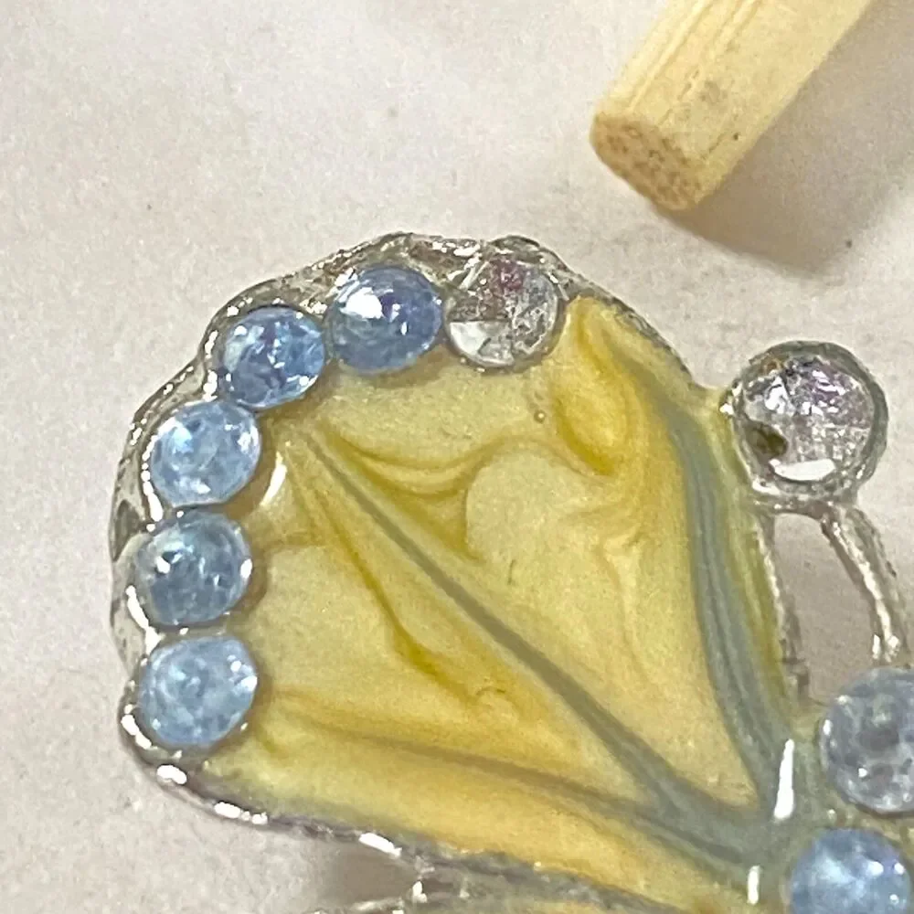 Butterfly Brooch Vintage 1980s Baby Blue Gems Cream Silver Tone Flaws